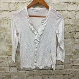 Lucky Brand White Black Polka Dot Button Up 3/4 Sleeve Ruffle Thin Knit Top